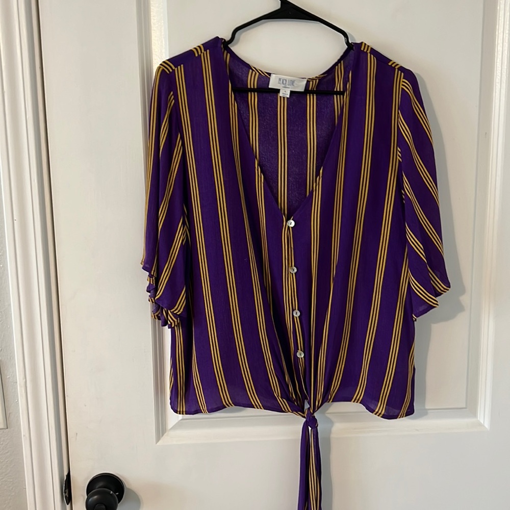 Peach Love, purple and gold front tie top